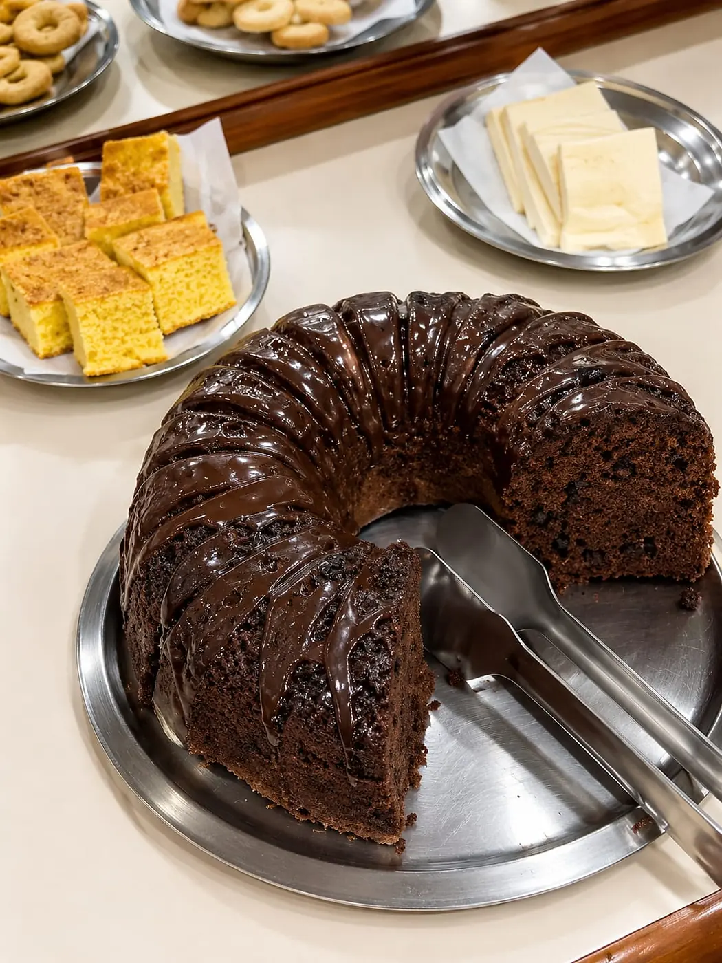 Bolo de chocolate com cobertura e bolo de milho em pedaços no café do Hotel Tubarão