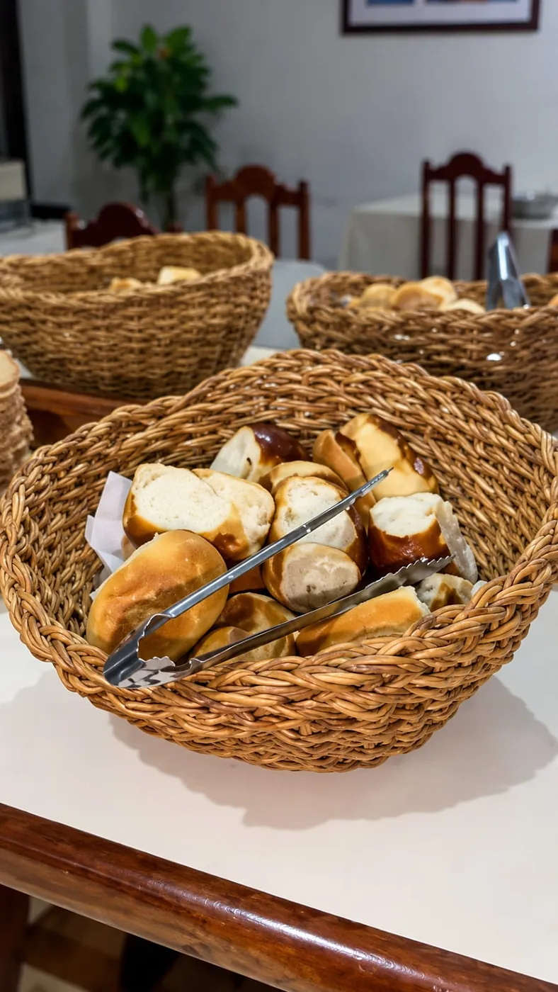 Cestas de pães frescos variados no café da manhã do Hotel Tubarão