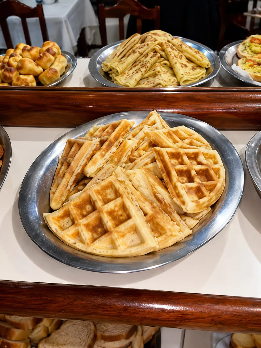 Bandeja de waffles dourados com panquecas ao fundo no café do Hotel Tubarão