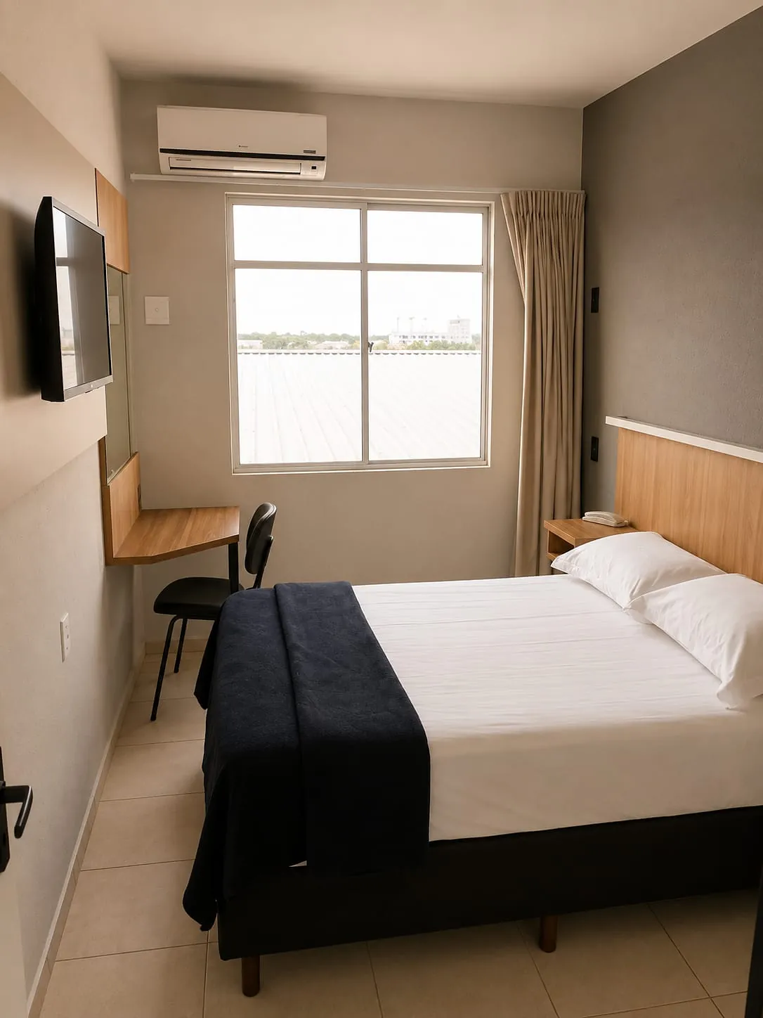 Quarto Premium Casal com escrivaninha, cadeira e janela com vista da cidade, no Hotel Tubarão
