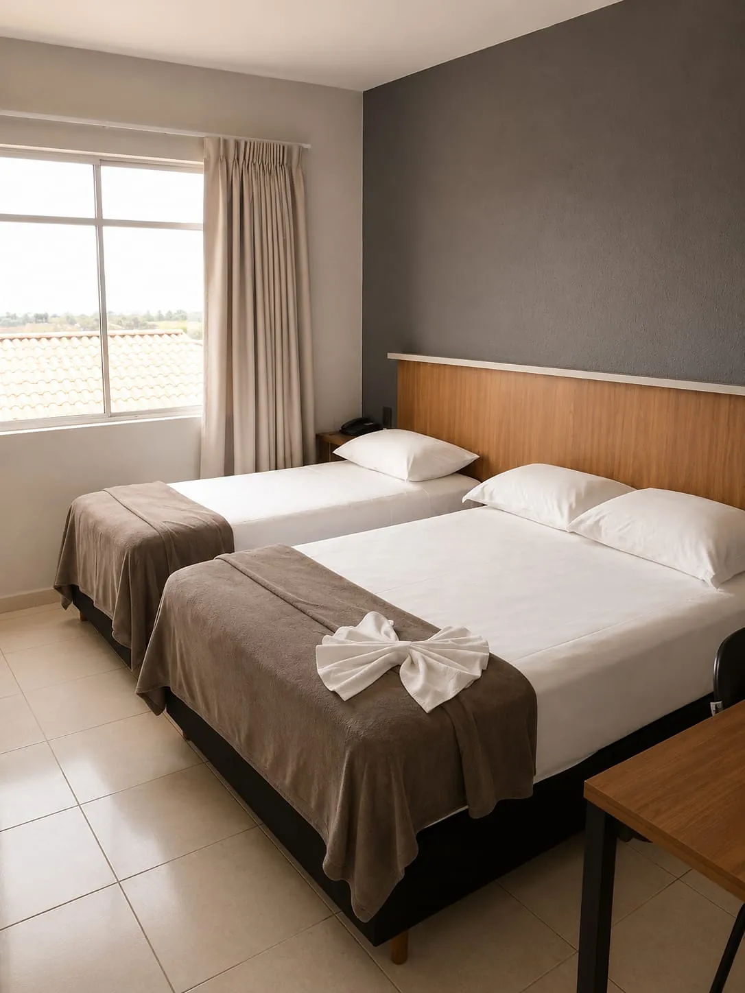 Cama de casal e cama de solteiro do Quarto Premium Família do Hotel Tubarão, com cabeceira de madeira e toalha decorativa